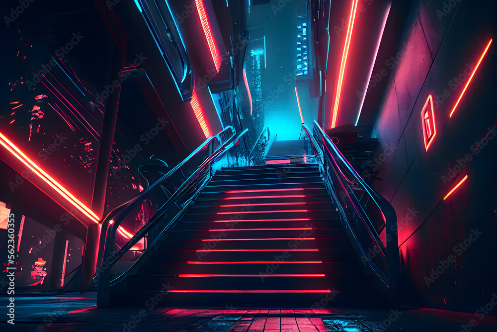 The futuristic city of concrete and neon, night city, dark street, stairs, illumination, abstract scene, neon rays The futuristic city of concrete and neon, night city, dark street, stairs, illumination, abstract scene, neon rays