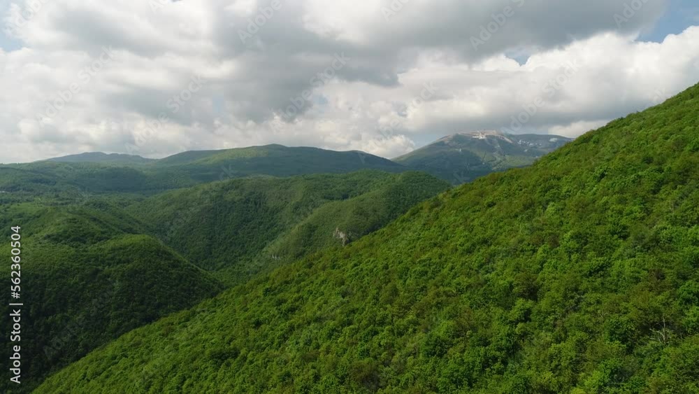 Aerial drone overhead of single car driving down curvy mountain road through green forest valley with trees and rainy fog Aerial drone overhead of single car driving down curvy mountain road through green forest valley with trees and rainy fog