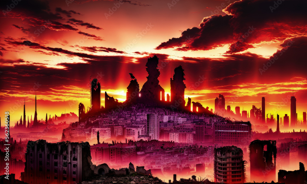 Naklejka premium post apocalyptical demonic sunrise city view, creation assisted with Generative AI