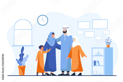 Happy Arab Muslim family leisure time in afternoon or weekend. Father, Mother, boy, and girl together at home living room. Loving Relation concept cartoon flat vector Illustration