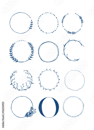 blue Botanical circle frame. Hand drawn round line border, leaves and flowers, wedding invitation and cards, logo design and posters template. Elegant vector illustration