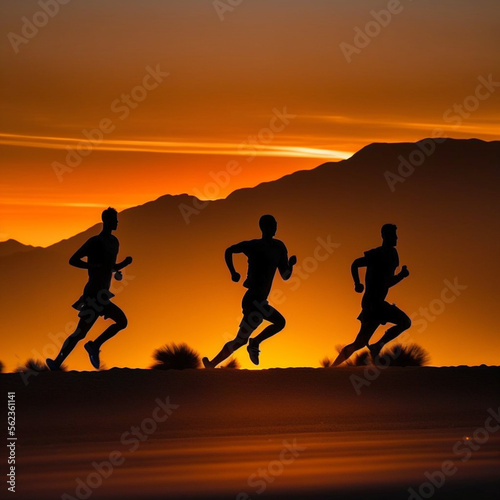 Silhouette of a group of runners jogging on the mountain at sunset. Generative AI.  
