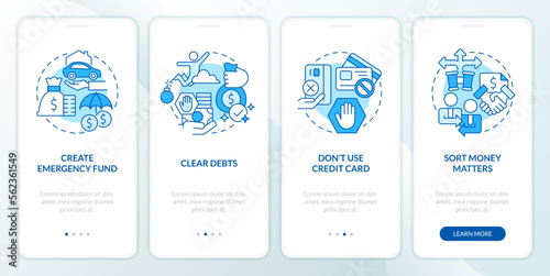 Investing preparation blue onboarding mobile app screen. Trading walkthrough 4 steps editable graphic instructions with linear concepts. UI, UX, GUI template. Myriad Pro-Bold, Regular fonts used