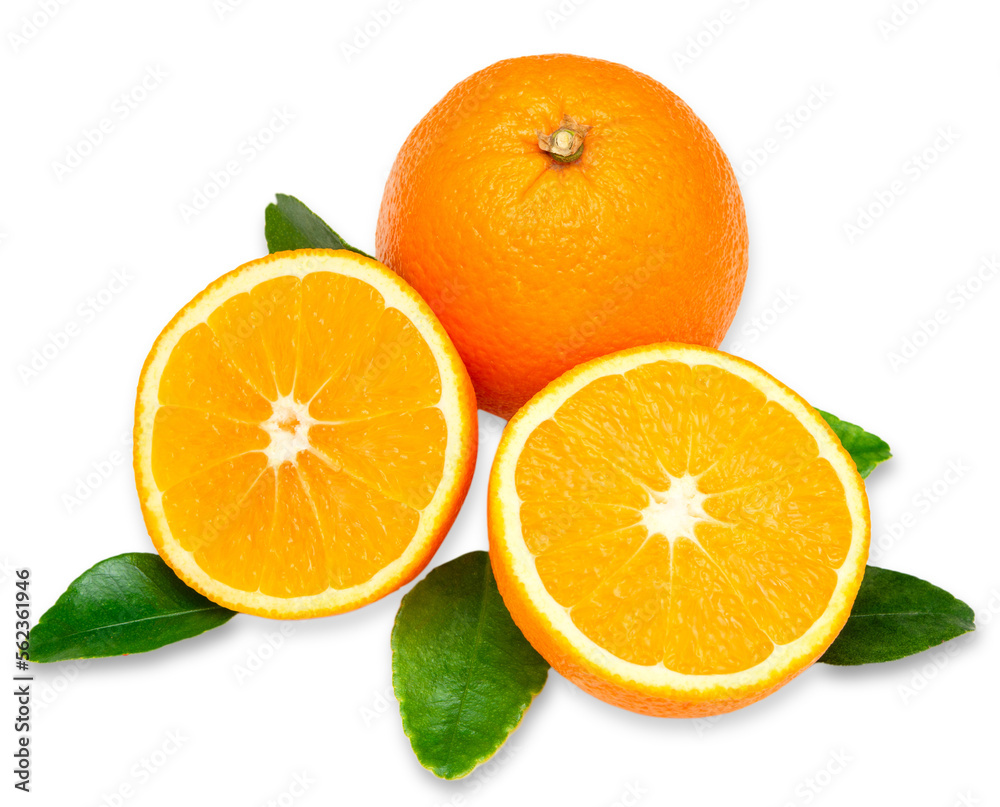 Set of Sliced orange and green leaves isolated on white top view Set of Sliced orange and green leaves isolated on white top view