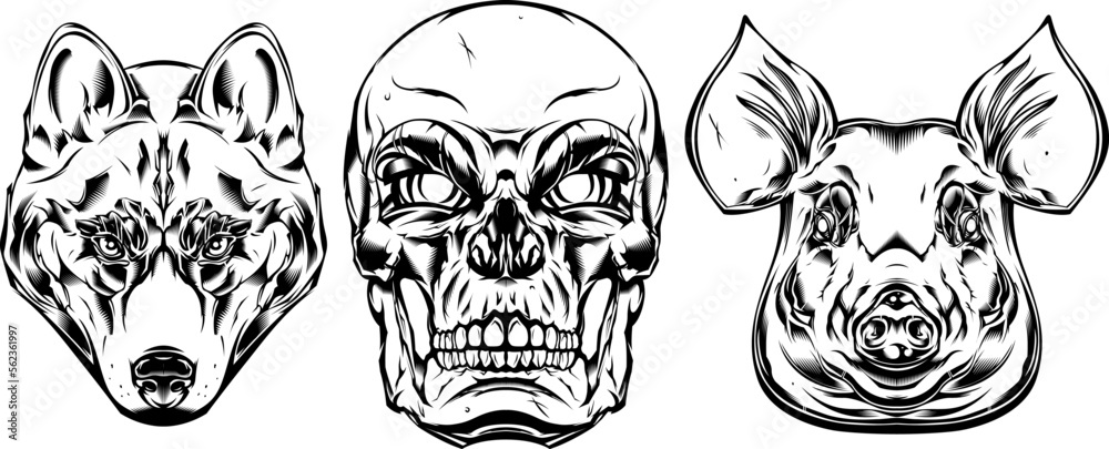 Pig, skull, dog head mascot. Angry faces logo. Black color isolated vector illustration. Pig, skull, dog head mascot. Angry faces logo. Black color isolated vector illustration.