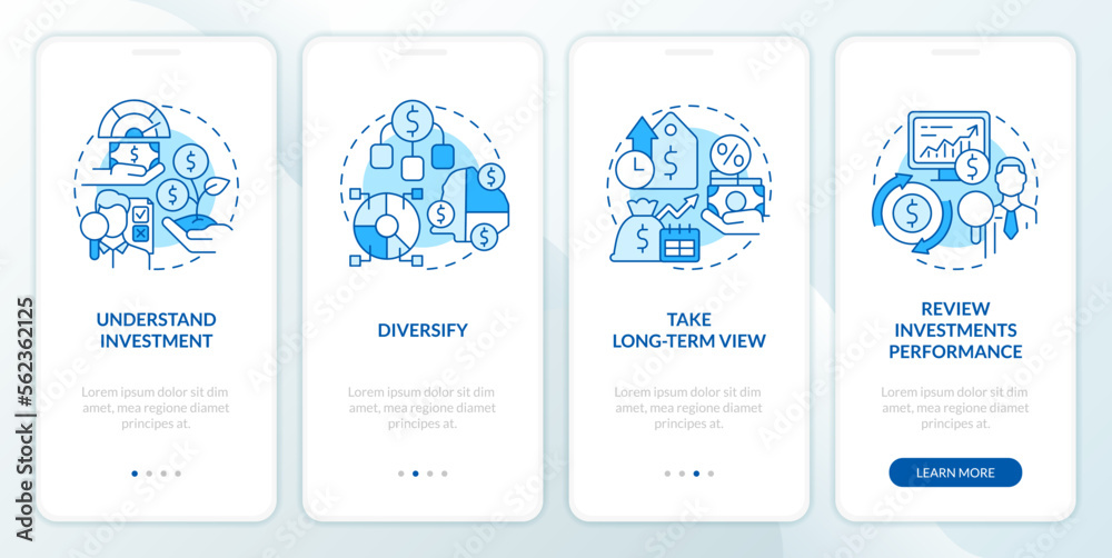 Investing rules blue onboarding mobile app screen. Trading walkthrough 4 steps editable graphic instructions with linear concepts. UI, UX, GUI template. Myriad Pro-Bold, Regular fonts used Investing rules blue onboarding mobile app screen. Trading walkthrough 4 steps editable graphic instructions with linear concepts. UI, UX, GUI template. Myriad Pro-Bold, Regular fonts used