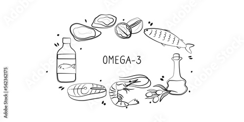 Omega-3-containing food. Groups of healthy products containing vitamins and minerals. Set of fruits, vegetables, meats, fish and dairy.