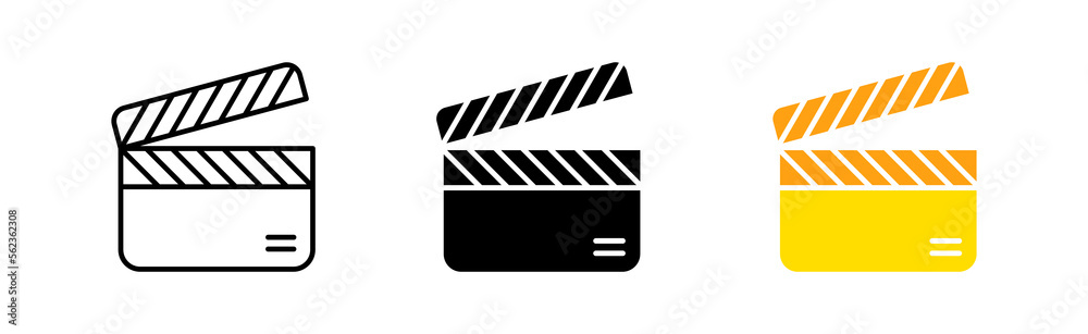 Clapperboard icon set. Cinema, media, information, camera, director, broadcast, file, operator, cinematography, news, video, frame, genre. Multimedia concept. Vector line icon in different styles