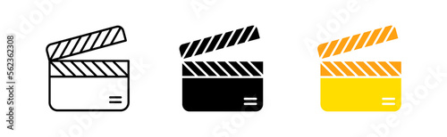 Clapperboard icon set. Cinema, media, information, camera, director, broadcast, file, operator, cinematography, news, video, frame, genre. Multimedia concept. Vector line icon in different styles