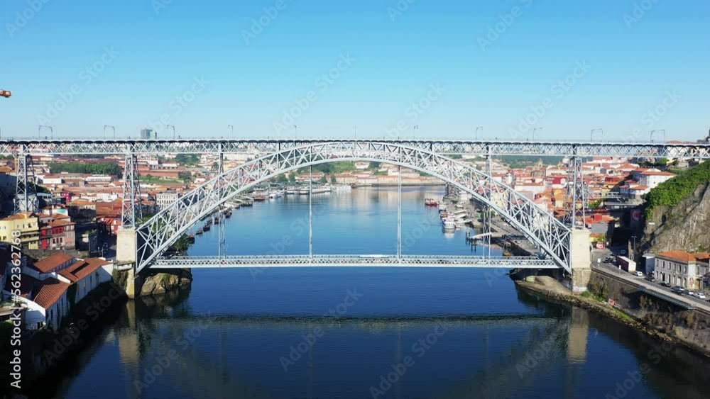 The Luis I Bridge in the historic city center of the city of Porto , Europe, Portugal, North, in summer on a sunny day.