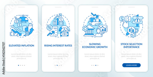 Stock market trends blue onboarding mobile app screen. Tendencies walkthrough 4 steps editable graphic instructions with linear concepts. UI, UX, GUI template. Myriad Pro-Bold, Regular fonts used
