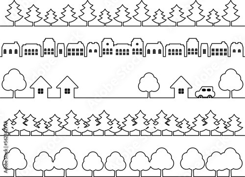 街並みと森林のライン5種セット　線画