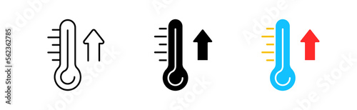 Warming icons set. Thermometer, temperature, arrow, global warming, summer, heat, warmth, up, meteorology, degrees, health, fever. Weather concept. Vector line icon in different styles