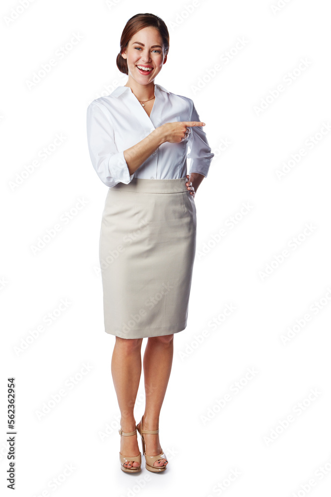 Mock up, space and corporate woman pointing finger isolated against a studio white background. Confident, happy and smiling female entrepreneur showing copy space gesture for a promo banner Mock up, space and corporate woman pointing finger isolated against a studio white background. Confident, happy and smiling female entrepreneur showing copy space gesture for a promo banner