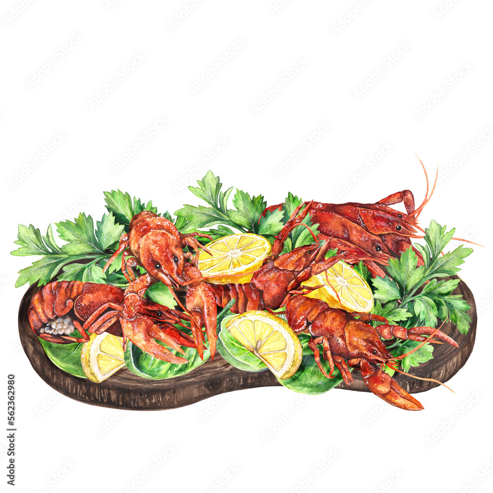Watercolor illustration composition with crayfish Watercolor illustration composition with crayfish