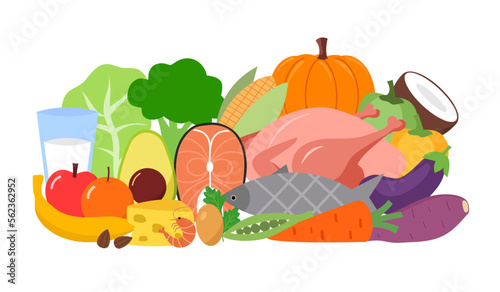 Healthy food concept vector illustration. Chicken, fish, vegetables and fruits in flat design on white background.