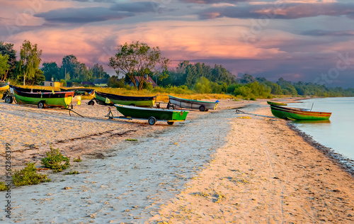 Colorful sunrise near a small village of fishermen where traditional fisherie...