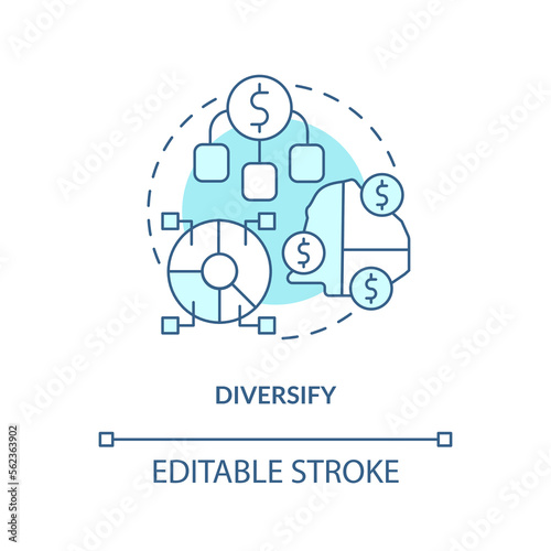 Diversify turquoise concept icon. Spread money across funds. Rule of investing abstract idea thin line illustration. Isolated outline drawing. Editable stroke. Arial, Myriad Pro-Bold fonts used