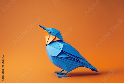 Origami Bird in Blue, Copy Space on an Orange Background. Folded paper bird in modern style. Generative AI photo