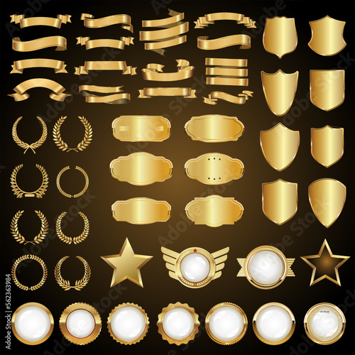 Collection of golden badges isolated on black background vector illustration 