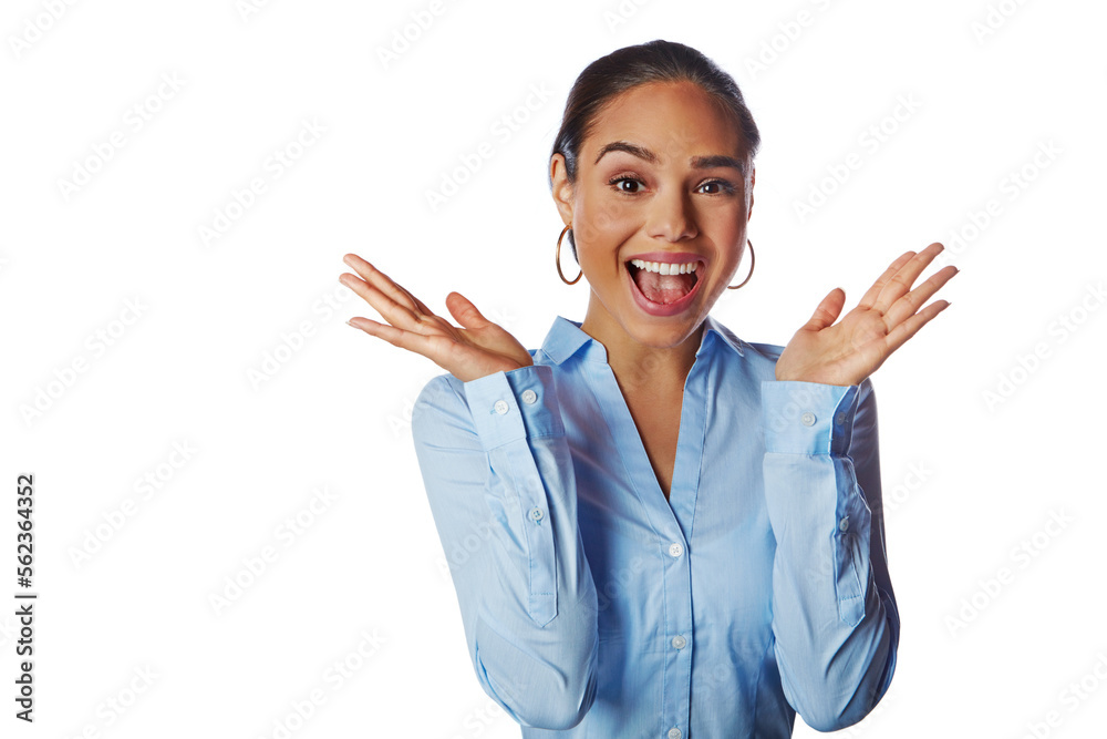 Happy, wow and excited woman in a studio with a positive mindset, good news and surprise. Pride, win and portrait of corporate female model with a surprised hand gesture isolated by white background. Happy, wow and excited woman in a studio with a positive mindset, good news and surprise. Pride, win and portrait of corporate female model with a surprised hand gesture isolated by white background.