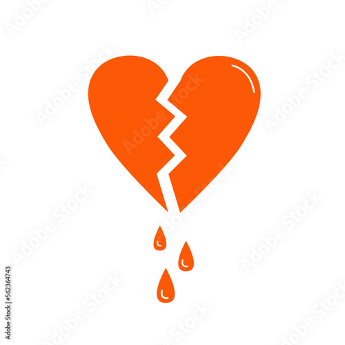 Broken heart icon. Vector illustration of red blood drops. Symbol of unhappy love. Drawing of heart for Valentine's Day.