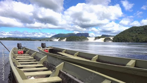 Salto Golondrina and Salto Ucaima waterfalls in lagoon of Canaima National Park. Venezuela. photo