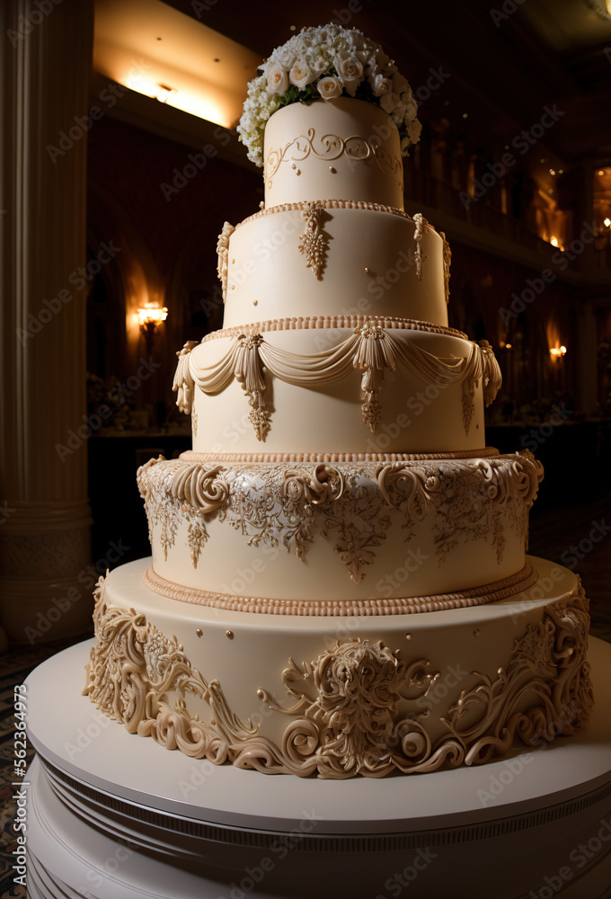 Tall wedding cake with intricate patterns. Detailed cake. Fancy wedding cake. Sophisticated wedding. Illustration of a wedding cake Иллюстрация Stock