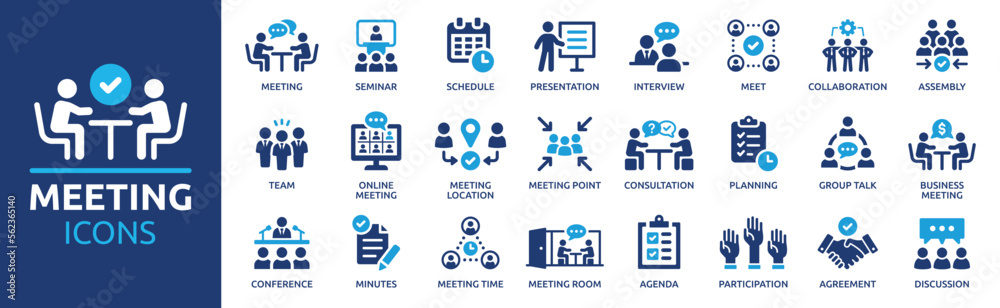 Meeting icon set. Containing seminar, business meeting, presentation, interview, conference, assembly, agreement and discussion icons. Solid icon collection. - obrazy, fototapety, plakaty 