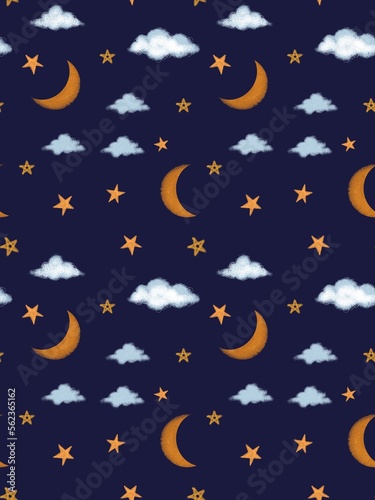 Moon with stars and clouds on a dark blue background, seamless pattern, digital drawing.