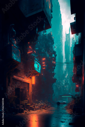 Night city lights. Neon urban future. Futuristic city in a cyberpunk style. Photorealistic Generative AI illustration. Futuristic skyscrapers with neon lights. 