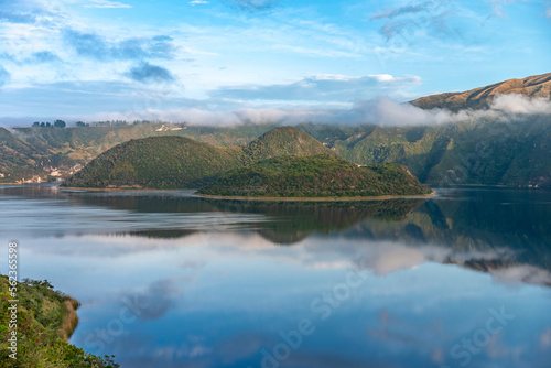 Cuicocha crater lake at the foot of Cotacachi Volcano in the Ecuadorian Andes.