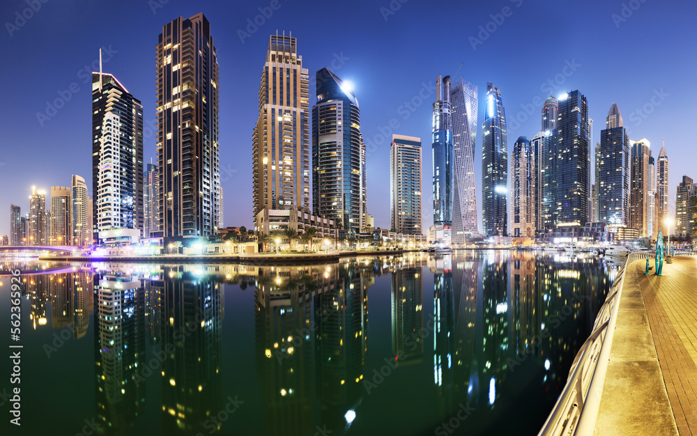 Dubai Marina panorma at night, UAE