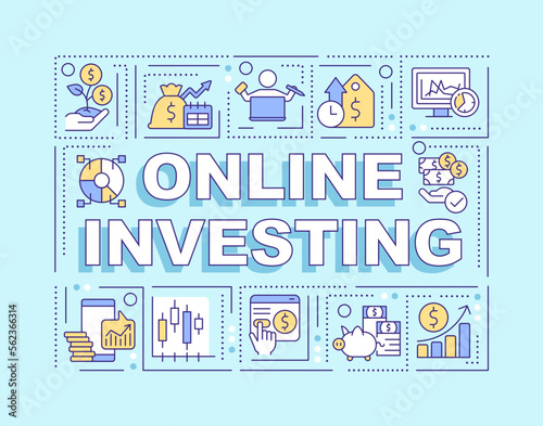 Online investing word concepts blue banner. Trading app. Infographics with editable icons on color background. Isolated typography. Vector illustration with text. Arial-Black font used