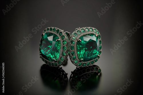 Cushion cut emerald and diamond earrings on black background created with generative AI technology