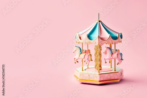 Musical carousel with horses, merry go round toy. Pink baby music carousel with little horses on pink background. Gift for little girl. Decoration girls room. generative ai