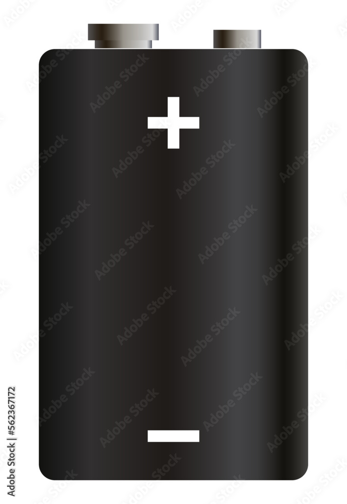 Battery. Glossy black realistic alkaline or rechargeable battery. Design blank mockup template for branding. Vector graphic element, isolated on white Battery. Glossy black realistic alkaline or rechargeable battery. Design blank mockup template for branding. Vector graphic element, isolated on white