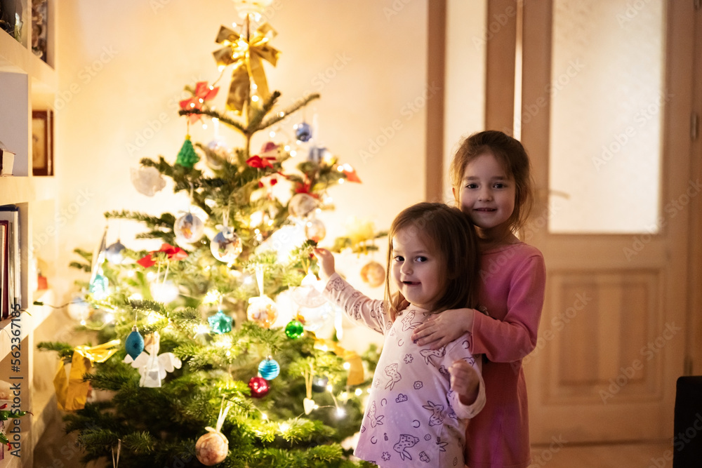 Two sisters together near Christmas tree at evening home. Two sisters together near Christmas tree at evening home.