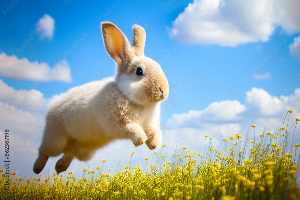 Cute Bunny rabbit running through a dreamy field at Easter during the