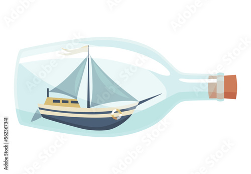 Ships in bottle. Glass with object inside. Miniature model of marine vessel. Hobby craft work and sea theme. Decorative marine souvenir, sailing craft
