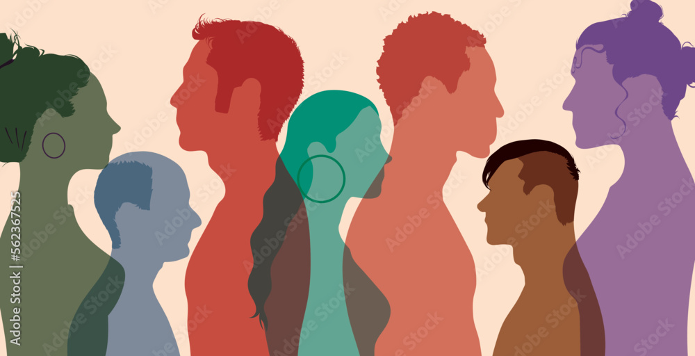 Diversity in multi-ethnic and multiracial people. Crowd of men women and girl of diverse culture.