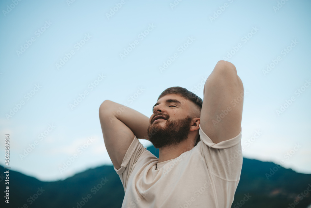 One more step. Man handsome guy enjoy morning walk blue sky background copy  space. Morning fill energy charge. Morning brings fresh thoughts. Man thou  Stock Photo - Alamy