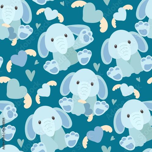 A pattern of soft toys in the form of blue elephants in different poses. Background for printing on textiles and paper. Gift packaging for children s parties. Background for boys and girls