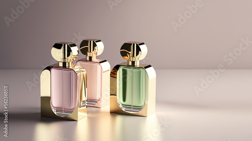 Collection of transparent multi color glass perfume bottles on a light background. Art composition still life. Stylish parfumerie banner. Generative AI.