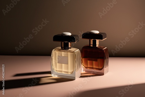 Collection of transparent multi color glass perfume bottles on a light background. Art composition still life. Stylish parfumerie banner. Generative AI. photo