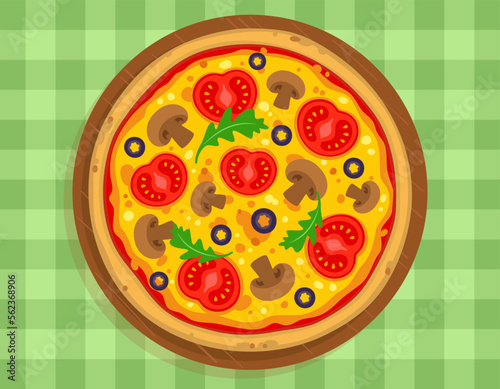 Vector illustration of appetizing vegetable pizza with mushrooms. Italian pizza on a wooden dish on a green checkered tablecloth.