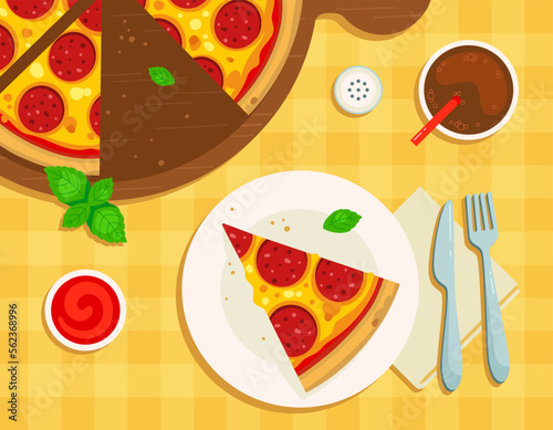 Vector illustration of a served table in a pizzeria. Top view. Sliced piece of pizza on a plate, Pepperoni pizza on a wooden board, drink, sauce, pepper, napkin, knife, fork. Isolated objects.