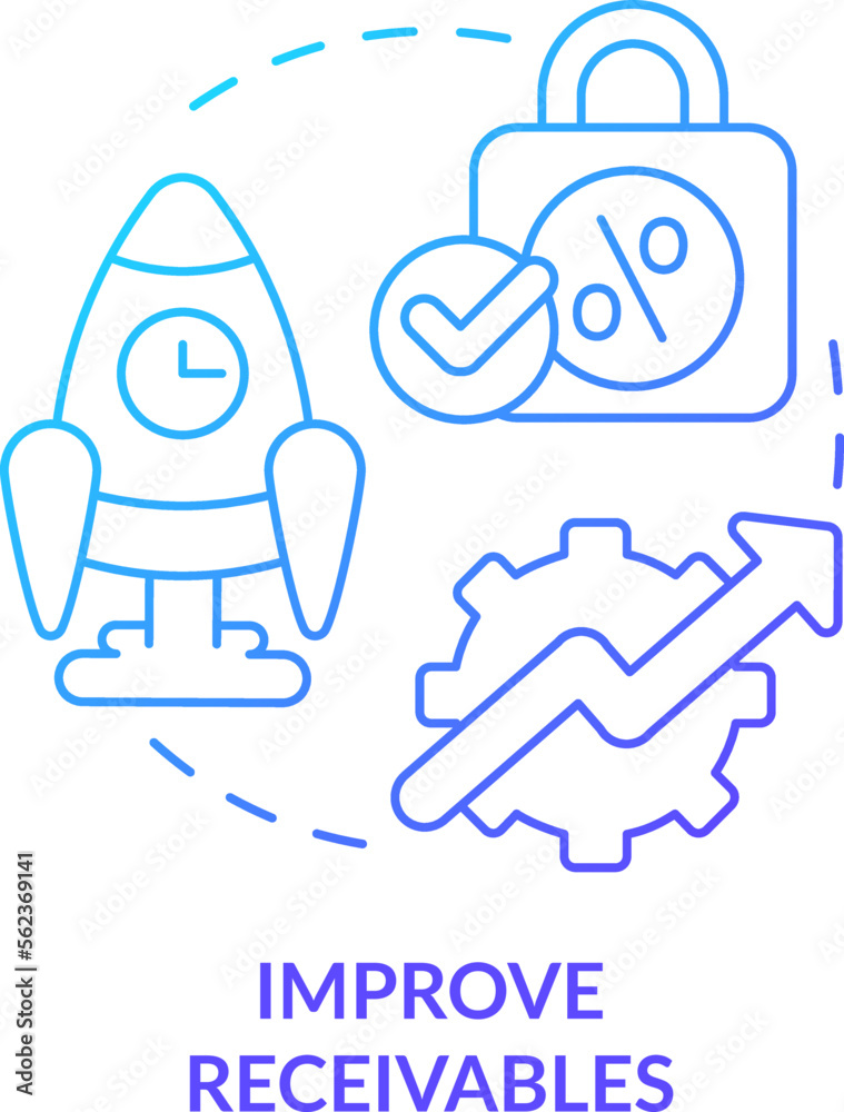 Improve receivables blue gradient concept icon. Unpaid goods and service. Treasury management benefit abstract idea thin line illustration. Isolated outline drawing. Myriad Pro-Bold font used