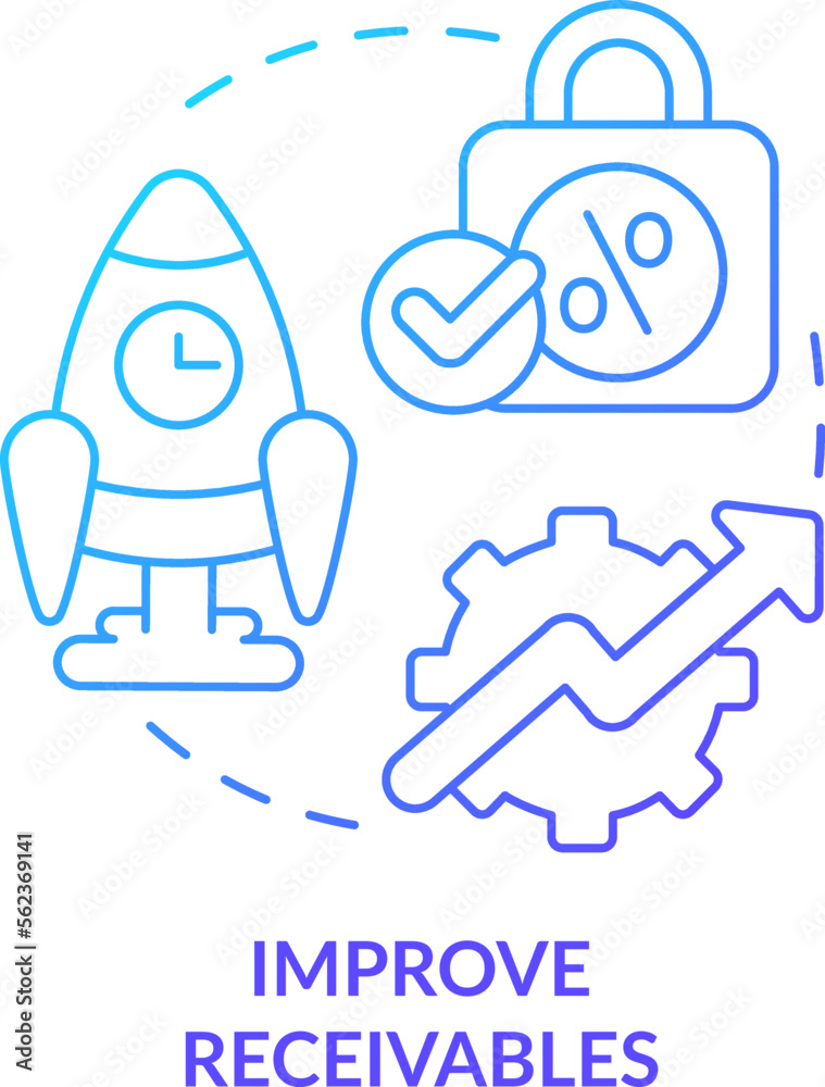 Improve receivables blue gradient concept icon. Unpaid goods and service. Treasury management benefit abstract idea thin line illustration. Isolated outline drawing. Myriad Pro-Bold font used Improve receivables blue gradient concept icon. Unpaid goods and service. Treasury management benefit abstract idea thin line illustration. Isolated outline drawing. Myriad Pro-Bold font used