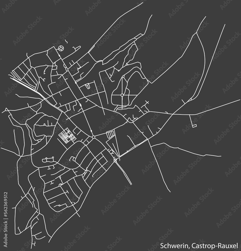 Detailed negative navigation white lines urban street roads map of the SCHWERIN DISTRICT of the German town of CASTROP-RAUXEL, Germany on dark gray background